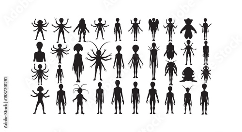 Alien silhouette set with various extraterrestrial creature shapes and monster character designs for sci fi concept art.