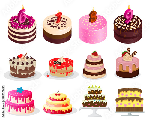 Set of Delicious Birthday Cakes with Number Candles and Assorted Decorative Toppings