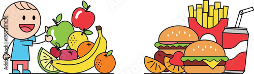 Child choosing between healthy fruits and unhealthy fast food