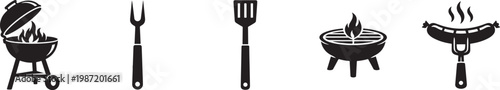 BBQ grill icon set with barbecue tools spatula fork picnic cooking outdoor grilling concept