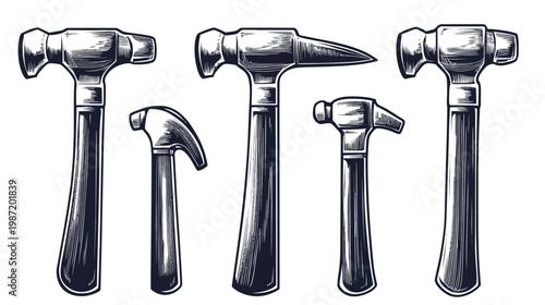 Black and white illustration of different hammer types on a white background, tool designs