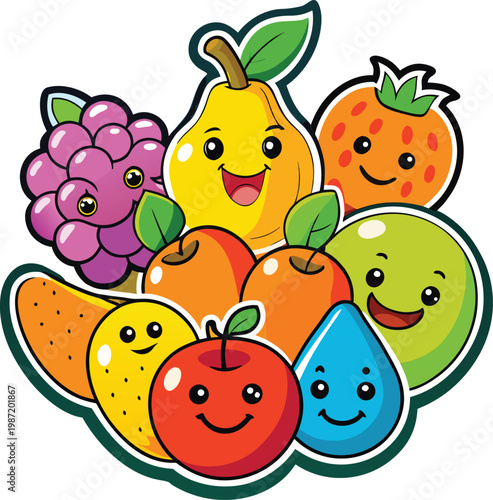 Vibrant and cheerful cartoon fruit stickers with happy faces on white.
