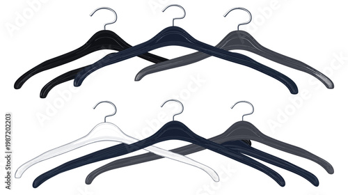 Stylized illustration of six clothes hangers in various shades of gray and black, arranged on a white background