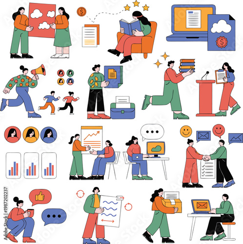 Corporate Teamwork and Productivity Flat Character Bundle for Business Marketing and Web Design