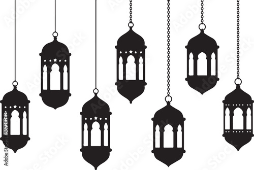 Black silhouette set of hanging arabic lanterns with ornate cutouts and chains on a white background