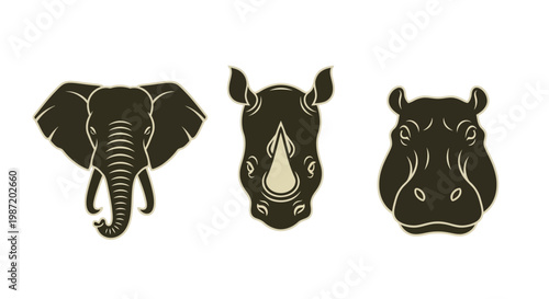 Closeup of animal heads elephant rhino hippopotamus.