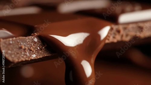 Extreme Macro of Melted Chocolate Dripping Over the Edge of a Dark Chocolate Bar