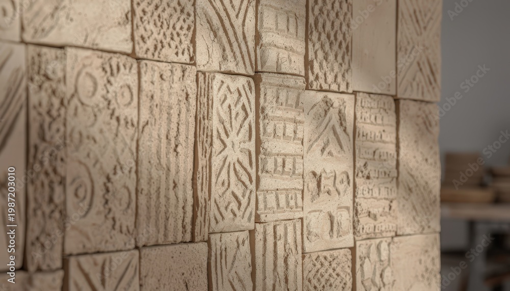Obraz premium Closeup medium shot capturing wall tile pattern pressing highlighting detailed relief designs in soft clay ready for glazing and kiln firing.