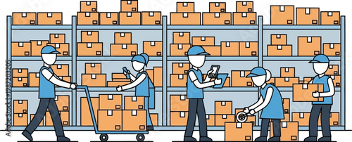 Warehouse workers organizing boxes on shelves, logistics and delivery service