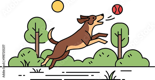 Happy dog playing fetch with ball in park, flat illustration