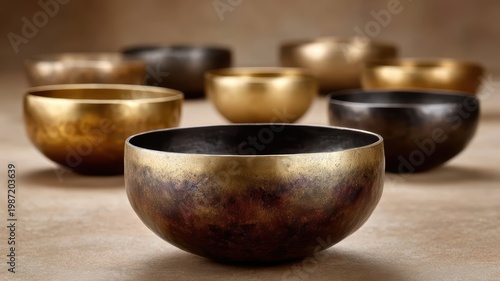 Singing bowls on table group of singing bowls arranged on a wooden table ready for use in meditation or sound healing