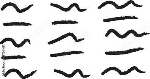 Brush paint strokes. Texture brushes and modern grunge brush lines. Ink brush artistic design element for frame design. Vector isolated elements set. Grungy black swatches. Rough smears and stains