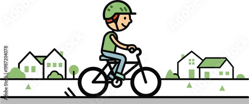 Child riding bicycle with helmet on suburban street, cartoon style