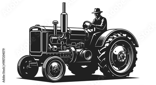 Man driving an old classic tractor in a monochrome vintage illustration style on an isolated white background.