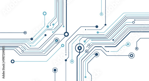Abstract circuit board pattern with blue glowing lines and dots on an isolated white background.
