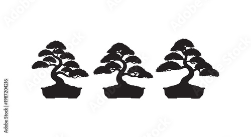 Bonsai tree vector set. collection of miniature trees in pots, traditional japanese plant illustration.