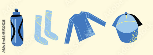 Sport Accessories Set Flat Vector Illustration: Running Gear, Reusable Water Bottle, Performance Socks, Long Sleeve Training Shirt, and Baseball Cap for Fitness, Active Lifestyle, and Sports Equipment