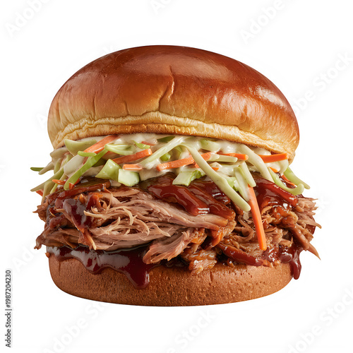 Juicy Pulled Pork Burger with Fresh Toppings isolated on transparent background