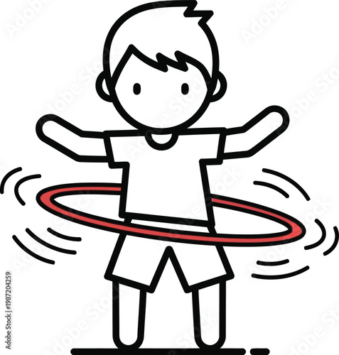 Cartoon boy with hula hoop, fitness and fun activity