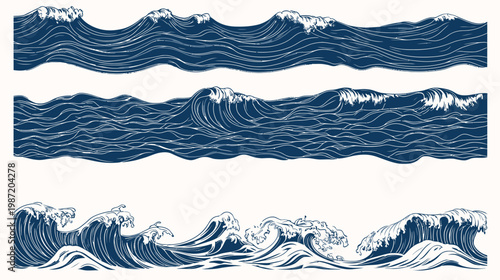 Stylized illustration of ocean waves with varying shapes and levels of detail