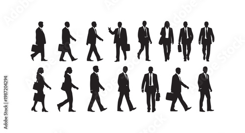 Business people silhouettes set walking professionals with briefcases and suits corporate staff team vector illustration.