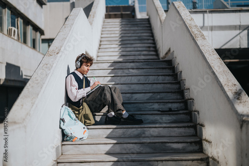 Foto A teen student sits on outdoor stairs writing in a notebook while wearing headphones