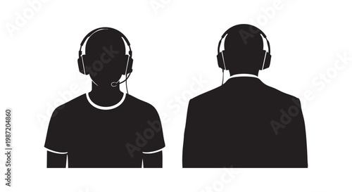 Call center operator silhouette icons showing front and back view of person wearing professional communication headsets.