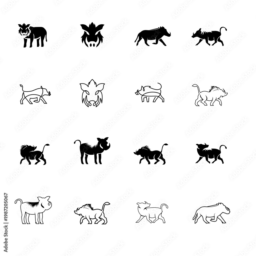 Fototapeta premium Warthog and Wild Boar Vector Icons Set: Collection of Stylized Animal Symbols