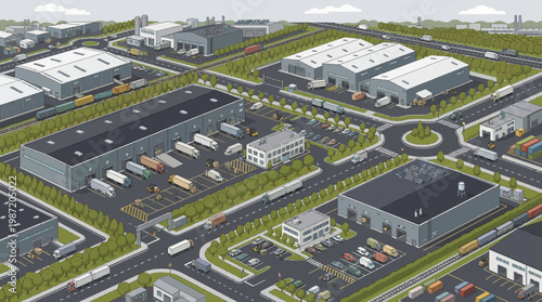 Industrial park with multiple warehouses and logistics infrastructure.