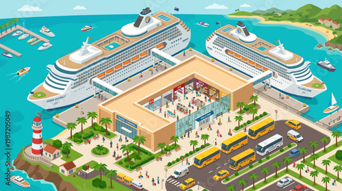 Busy Cruise Ship Terminal with Passengers and Buses.