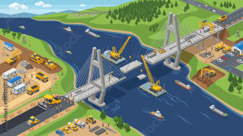 Construction of a modern cablestayed bridge over a wide river.