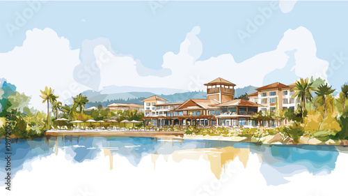 Sun City Resort. Sun City Resort hand drawn watercolor illustration on white background