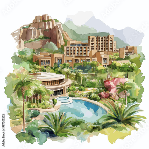 Sun City Resort. Sun City Resort hand drawn watercolor illustration on white background