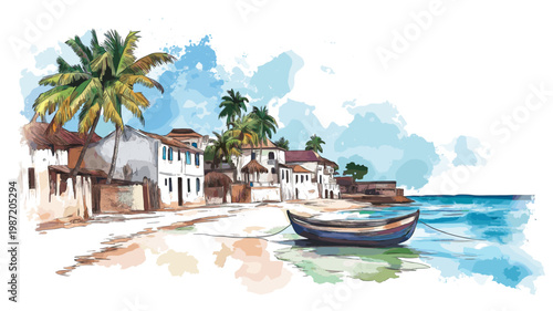 Zanzibar. Zanzibar hand drawn watercolor illustration on white background