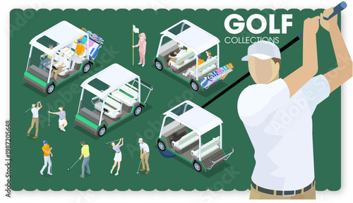 Golf carts and golfers icon vectors