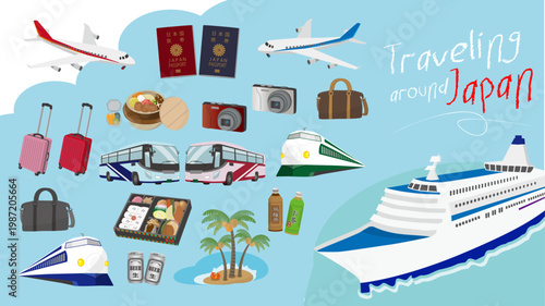 The set of icons and media on the theme of traveling around Japan