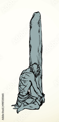 Vector drawing. Beaten man tied to a pole