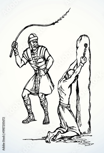 Vector drawing. Beaten man tied to a pole