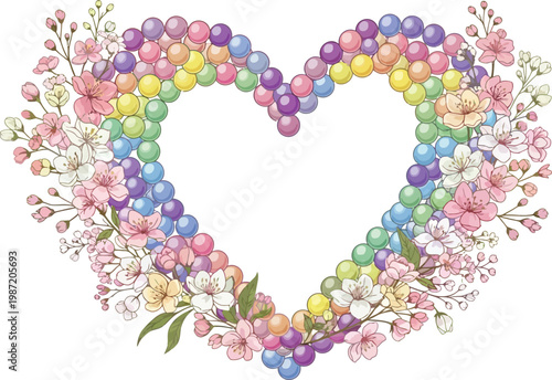 A colorful heart-shaped arrangement of balloons and flowers on a white background