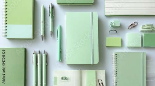 パステルカラーのステーショナリーが並ぶ仕事机のイメージ