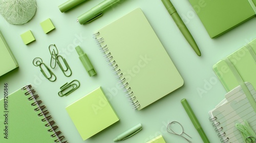 パステルグリーンの文房具とノートがおしゃれなデスクのフラットレイ背景素材