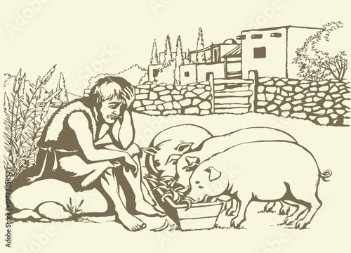 Vector drawing. A sad man and pigs