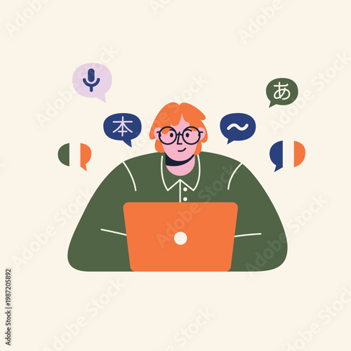 Language learning concept, flat vector illustration of a person using a laptop for online education, polyglot studying foreign languages with, communication and linguistics, remote tutor