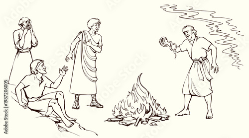 Vector drawing. A snake bit a man's hand