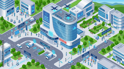 Isometric Smart City with Modern Buildings and People.