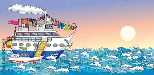 Pencil drawing. The gangway is lowered from the ship onto the boat.