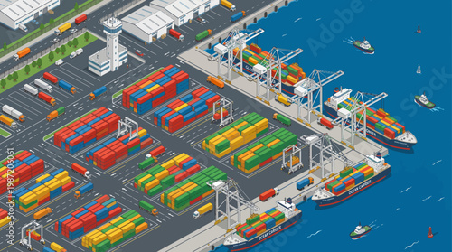 Isometric view of a bustling cargo port with ships and containers.