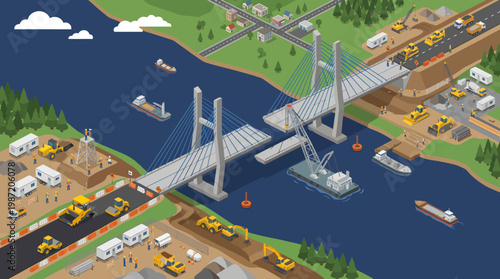 Isometric view of a large bridge under construction over a wide river.
