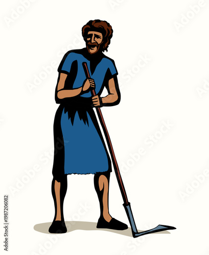 Vector drawing. A man with an old scythe