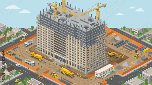 Isometric view of a large building under construction with cranes and equipment.